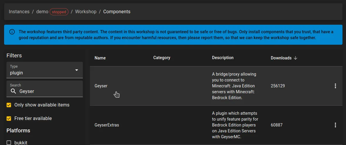 Search for Geyser plugin in the workshop