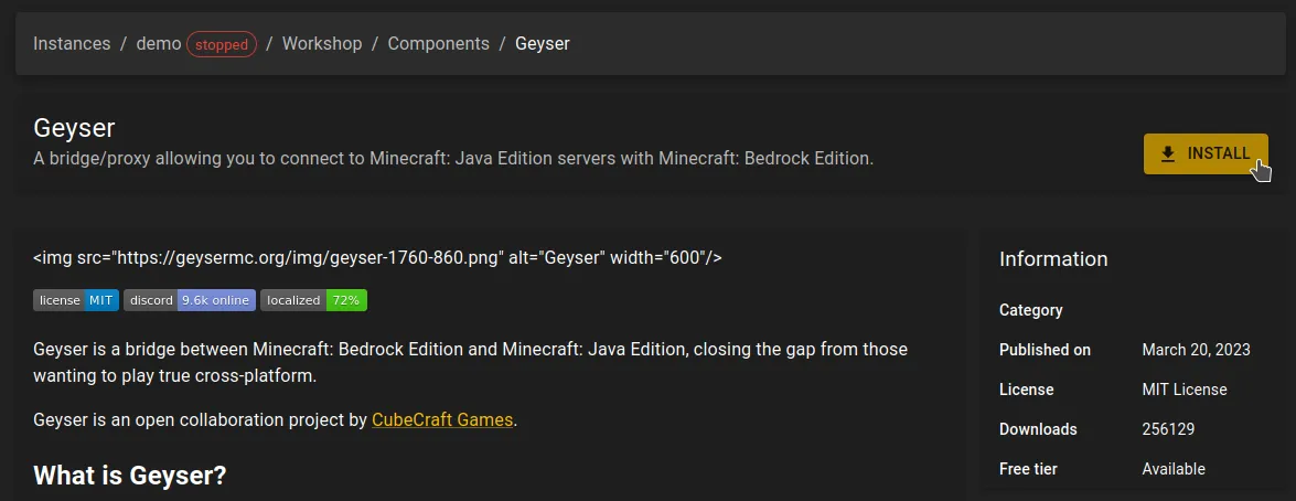 Geyser component detail page