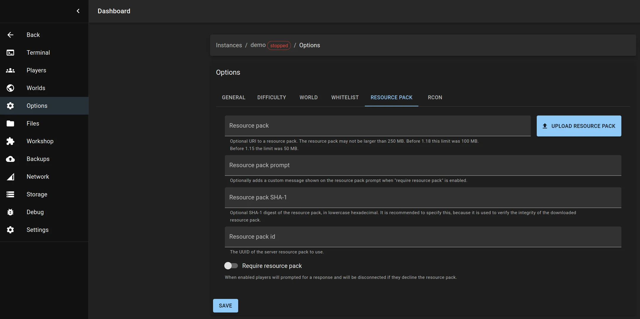 Resource pack options page