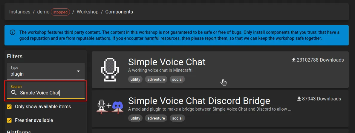 Find the Simple Voice Chat plugin in the workshop